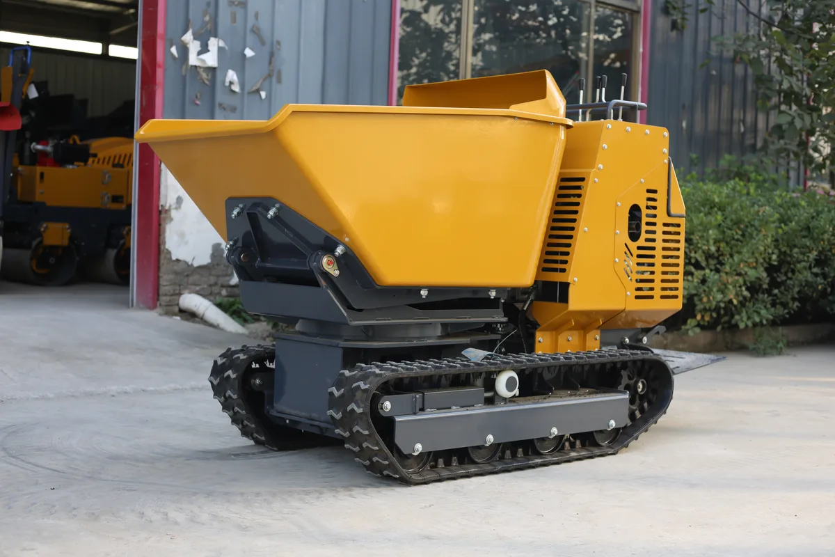 TerraCub PIVOT 1200 mini track dumper — front right view showing large 594L yellow dump bucket and rubber tracks